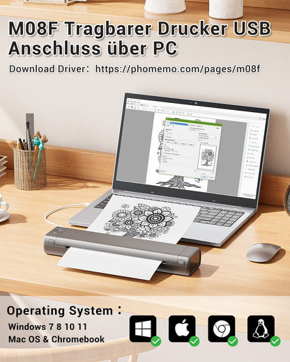 Phomemo Portable Drucker, M08F Bluetooth Mobile Tragbarer Drucker A4 unterst¨¹tzen 210x297mm A4 Thermopapier, Wireless No-Ink Reisedrucker, kompatibel mit Android und iOS f¨¹r Unterwegs & Laptop