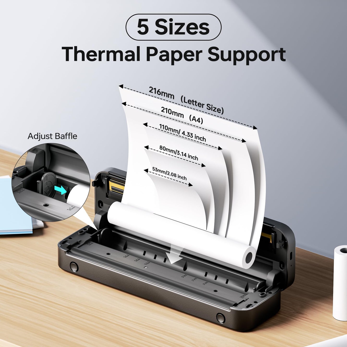 Phomemo Portable Printers Wireless for Travel, M832 Inkless Thermal Printer Support 8.5'' x 11'' US Letter & A4 Paper, Bluetooth Mobile Printer Compatible with iOS, Android Phone & Laptop, 300dpi