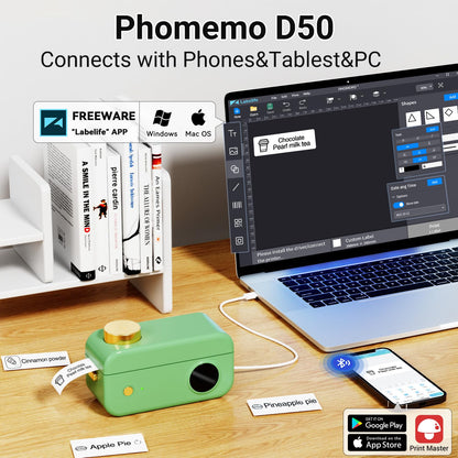 Phomemo ¨¦tiqueteuse D50 - 20 mm - 24 mm - Large ¨¦tiqueteuse autocollante - Imprimante d'¨¦tiquettes Bluetooth - Compatible avec iOS et Android pour verres, rangement, organisation (vert)