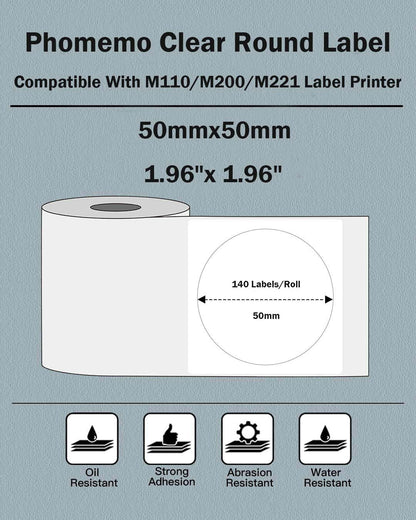 Phomemo Clear Circle Label for M110/M221/M220/M210/M200-1.96''x 1.96'' (50x50mm) Transparent Paper for Barcode, Product Tag, Logo Printing