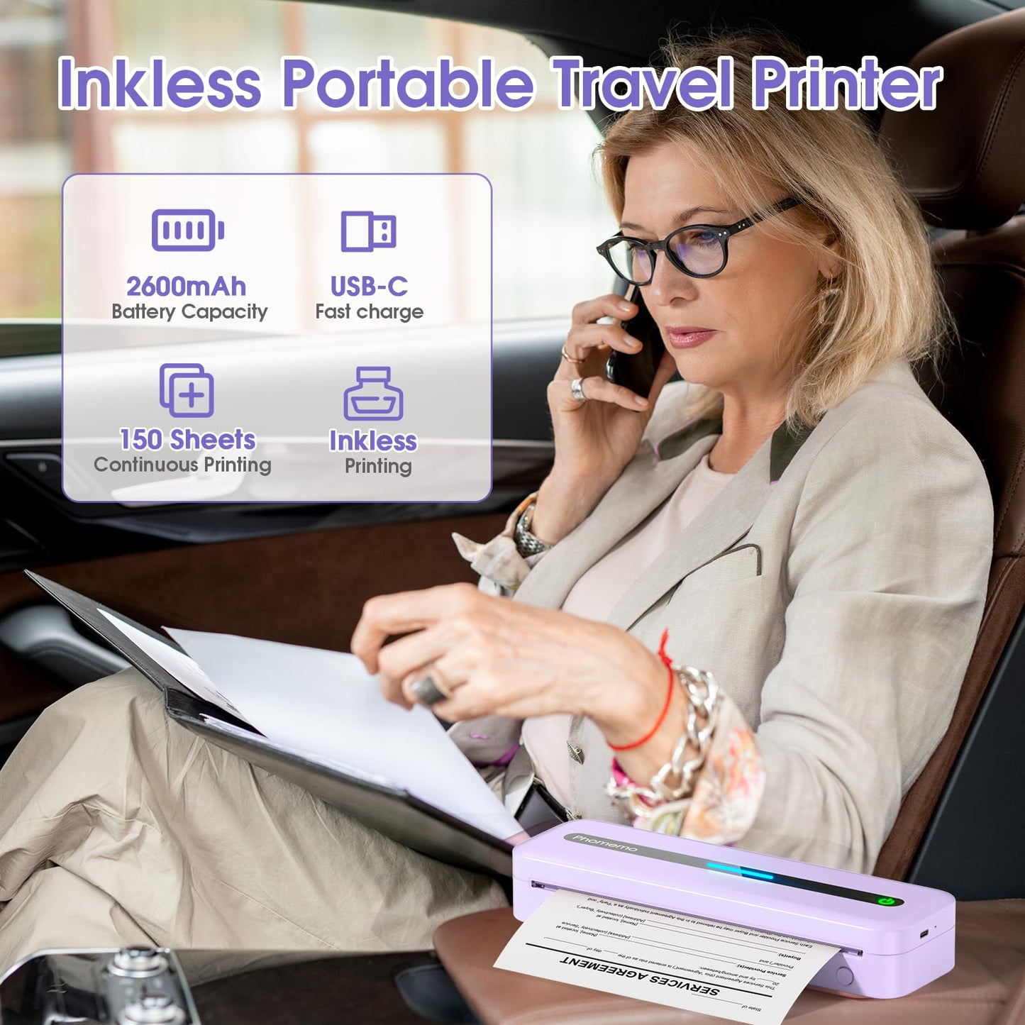 Phomemo Portable Printers Wireless for Travel, Inkless Thermal Printer, M832 Compact Bluetooth Printer for Phone Laptop, Small Mobile Printer Support 8.5''x11''/A4/4.33''/3.15''/2.08'' Thermal Paper