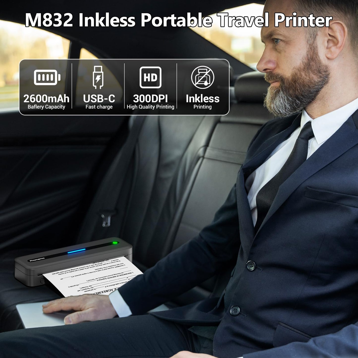 Phomemo Portable Printers Wireless for Travel, Inkless Thermal Printer, M832 Bluetooth Compact Printer for Phone Laptop, Support 8.5'' x 11'' & A4 Thermal Paper, Mobile Printers for Vehicles Home Use