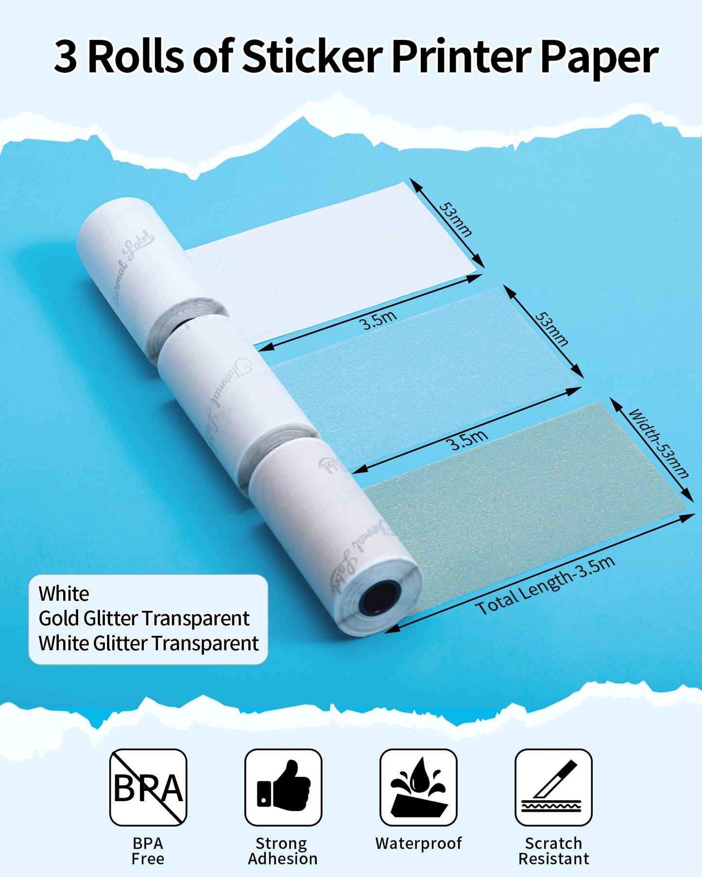 Phomemo papier voor Phomemo T02, M02, M02S, M02PRO, M03, M03AS, M04S, M04AS, Wit/Goud Glitter Transparant/Wit Glitter Transparant papier, 53 mm x 3,5 mm, 3 rollen