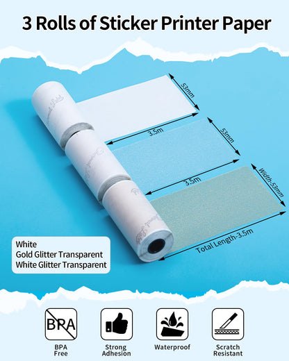 Phomemo papier voor Phomemo T02, M02, M02S, M02PRO, M03, M03AS, M04S, M04AS, Wit/Goud Glitter Transparant/Wit Glitter Transparant papier, 53 mm x 3,5 mm, 3 rollen