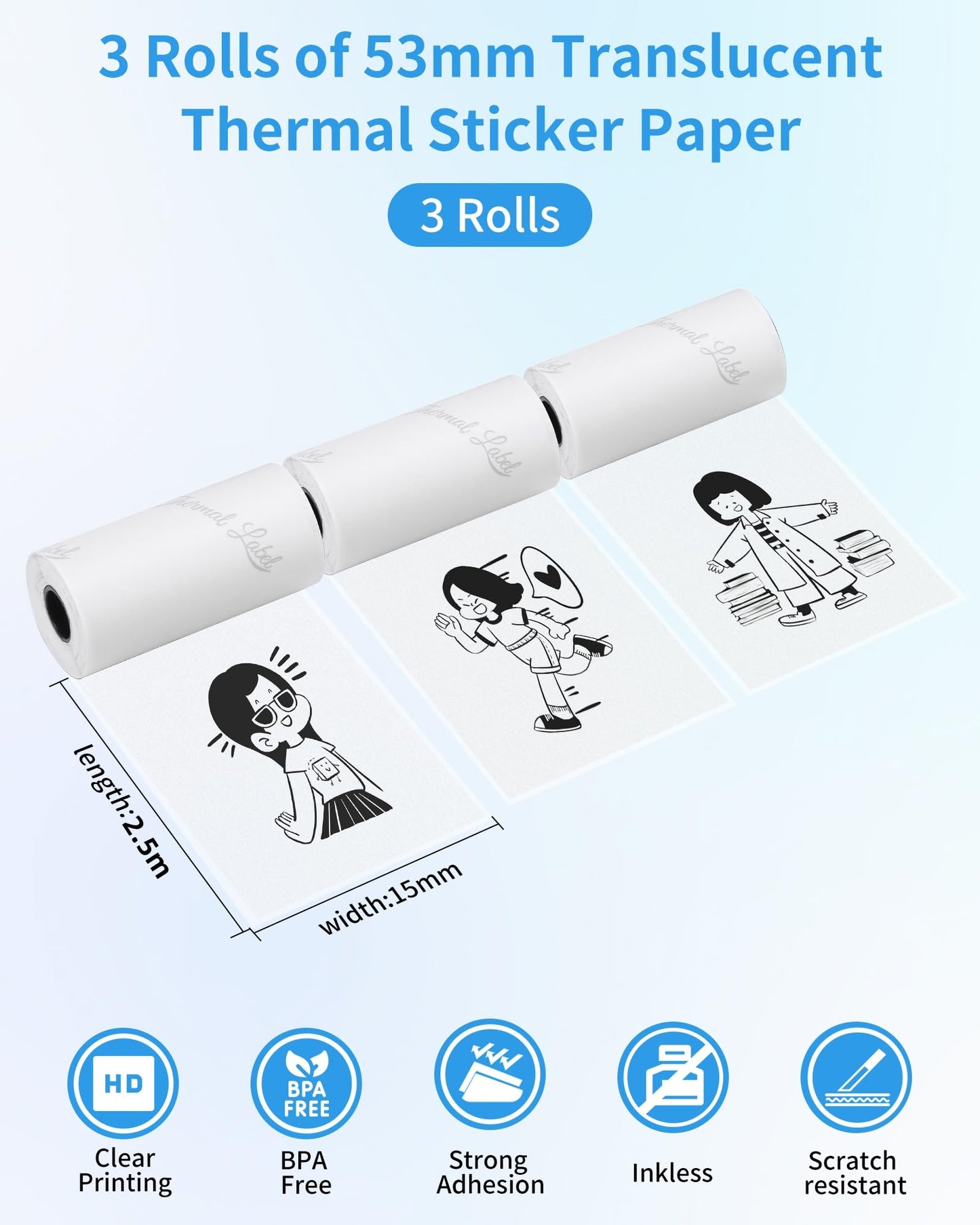 Phomemo Semi-Transparent Paper for T02 M02 M02X M02S M02PRO M02L Mini Sticker Printer, Compatible with M03 M03AS M04S M04AS M832 M833 Portable Thermal Printer, 53mm x 2.5m, 3 Rolls