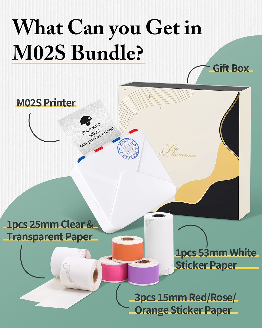 Phomemo 300dpi Pocket Printer- M02S 2inch Bluetooth Thermal Note Printer for Photo Printing, Study Notes, DIY, Work List, Sticker, with Total 6 Rolls Paper, Compatible with iOS and Android, White