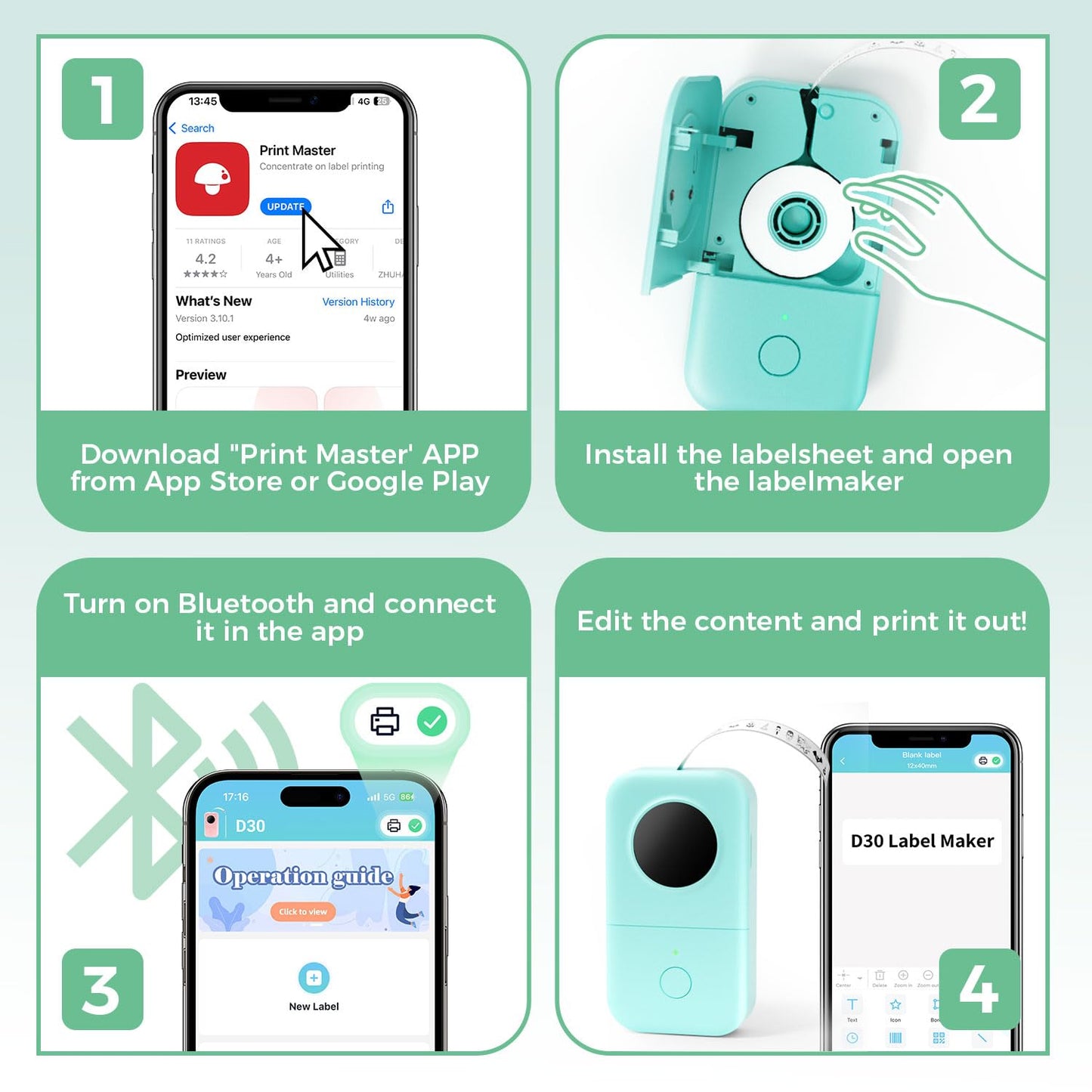 Phomemo D30 Etichettatrice Bluetooth, Mini Etichettatrice Etichette Adesive, Stampante Termica per iOS & Android,Bluetooth Stampante Etichette Autoadesive per La Casa, L'ufficio e la Scuola - Verde