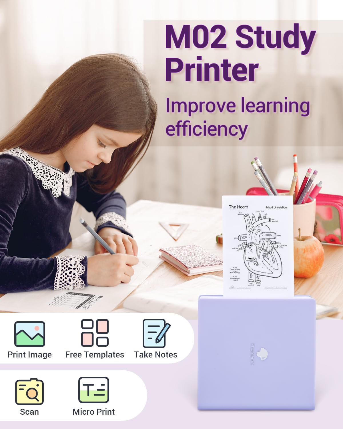 Phomemo Mini stampante fotografica portatile M02, stampante wireless Bluetooth per smartphone, piccola stampante termica per etichette per telefoni e tablet, Natale compleanno per bambini, viola