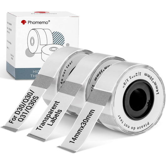 Phomemo D30 Étiquettes, 14 × 30 mm Étiquettes Transparentes Autocollantes pour Imprimante d'étiquettes Phomemo Q30S, Q30, D30, 210 Etiquettes/par Rouleau, 3 Rouleaux