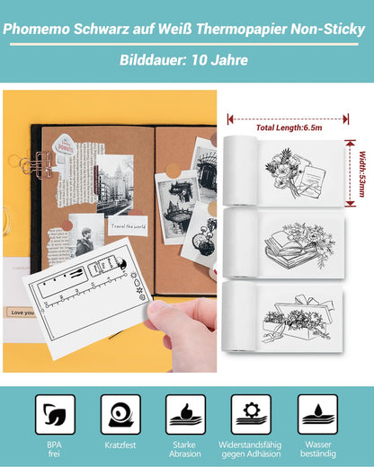 Papier f¨¹r Sticker Drucker, Drucker Papier f¨¹r Taschendrucker, Thermopapier f¨¹r T02/M02X/M02L, 10 Jahre Nicht Klebrig Phomemo Papier, Schwarz auf Wei? Liene Fotodrucker Papier, 3 Rollen 53mm*6.5m
