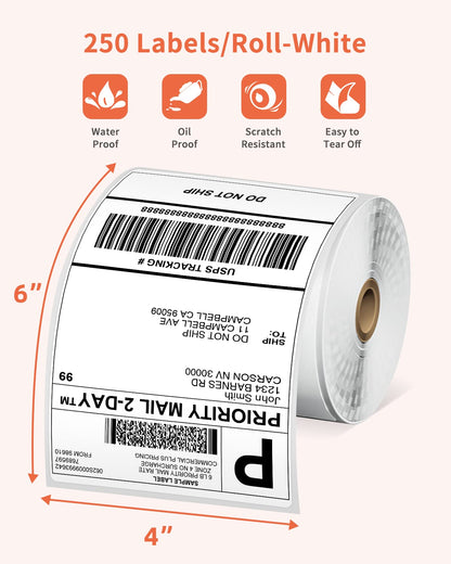 250 PCS 4x6 Thermal Label Roll - White 4''x6'' Labels Shipping Supplies Labels for Thermal Label Printer - Commercial Grade Thermal Shipping Label for Shipping Packages