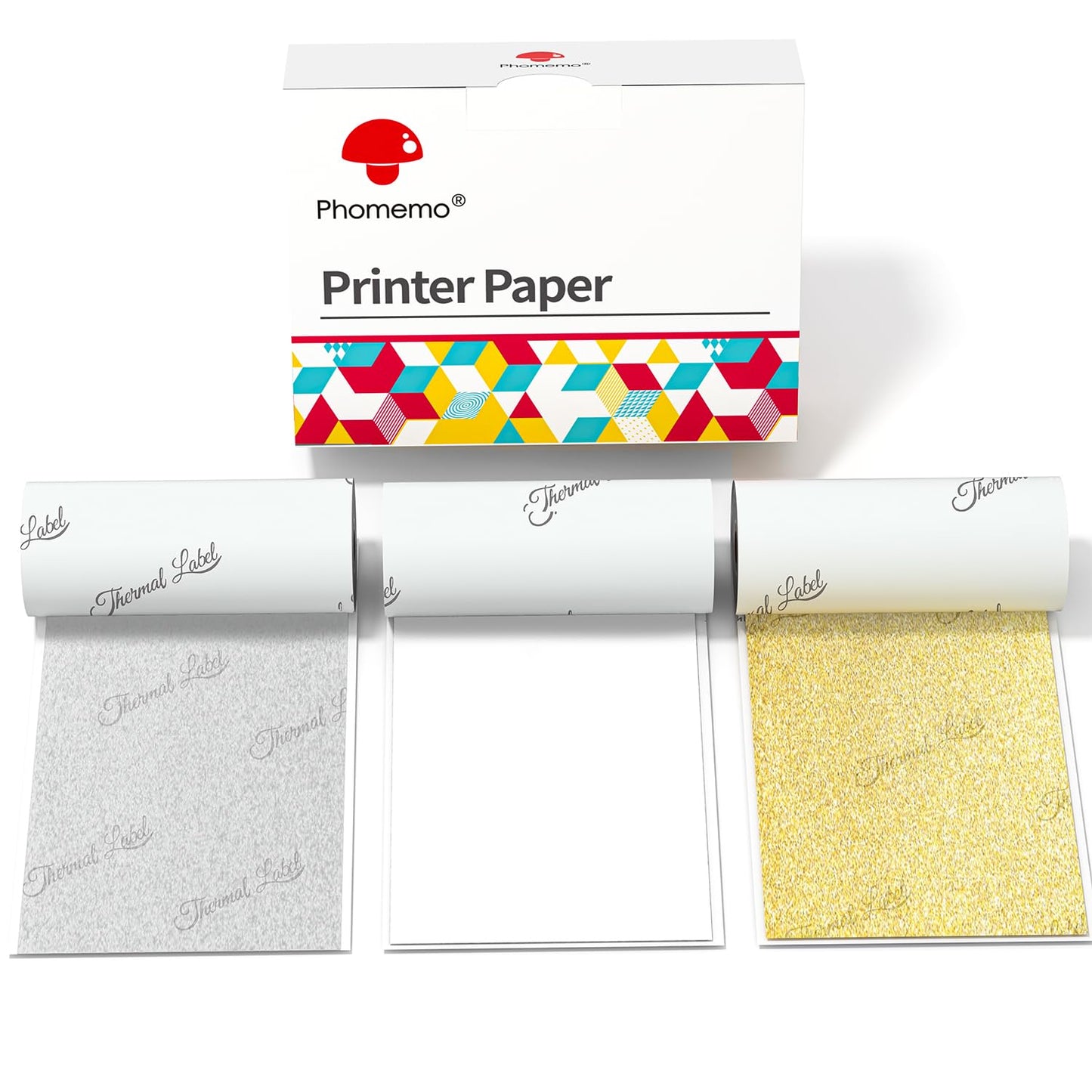 Phomemo Thermal Sticker Paper, Colorful Self-Adhesive Printer Paper Compatible With Phomemo M02/M02S/T02/M832, White/Transparent Gold Glitter/Transparent White Glitter, 50mm x 3.5m, 3 Rolls