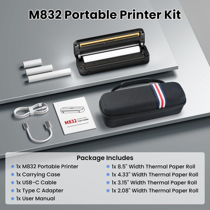 Phomemo Portable Printers Wireless for Travel, M832 Inkless Thermal Printer Support 8.5'' x 11'' US Letter & A4 Size, Mobile Printer Compatible with iPhone Android Laptop, Bluetooth Printer with Case