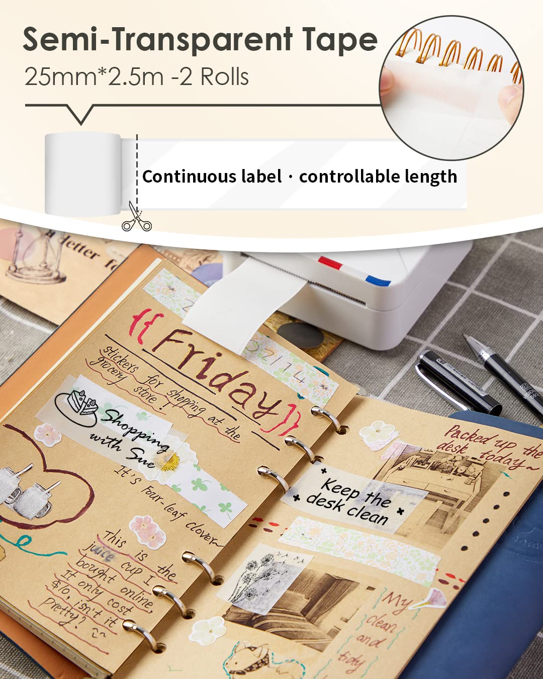 Phomemo - Compatible avec M02S/M02 Pro Mini imprimante thermique, bande blanche (15 mm x 3,5 m, 3 rouleaux), bande transparente (15 mm x 3,5 m, 3 rouleaux), ruban semi-transparent (25 mm x 2,5 m, 2 rouleaux)