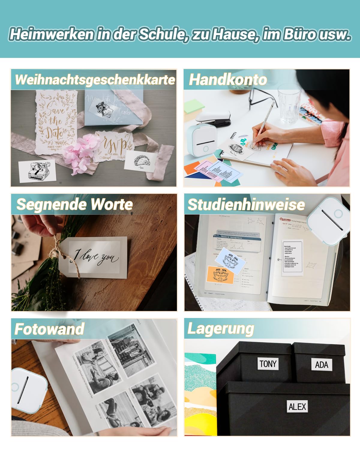 Papier für Sticker Drucker, Drucker Papier für Taschendrucker, Thermopapier für T02/Q02/M02X/M02L, 10 Jahre Klebrig Phomemo Papier, Schwarz auf Weiß Liene Fotodrucker Papier, 3 Rollen 50mm*3.5m