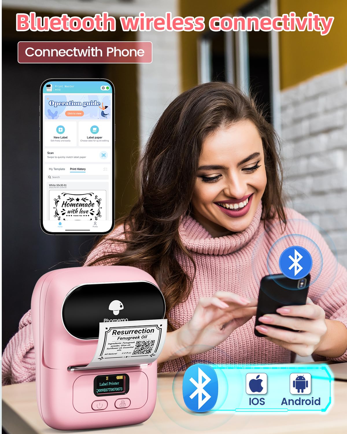 Phomemo -M110 Label Printer Portable Mini Bluetooth Thermal Label Manufacturer for Labelling, Office, Cable, Retail, Barcode and More, Compatible with Android and iOS Systems, Pink