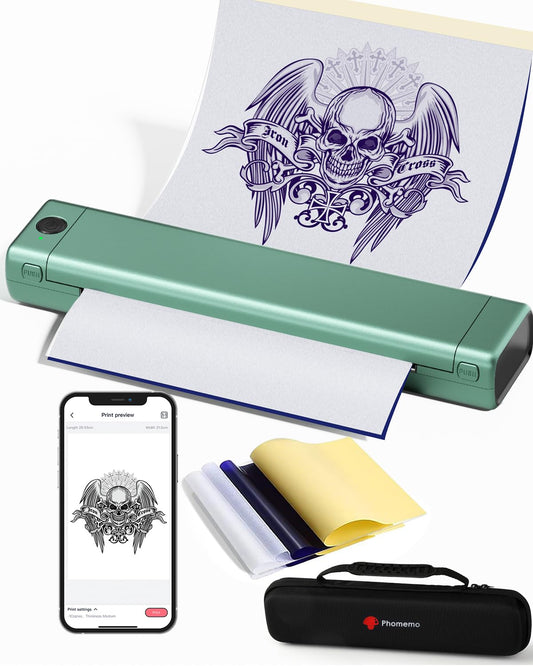 Phomemo Bluetooth Tattoo Stencil Printer, Inkless Tattoo Printer Machine with 10 Pcs Tattoo Transfer Paper & 1 Storage Case, Compatible for Phone, Tablet £¦ PC, Gift for Tattoo Artisits, Frost Green