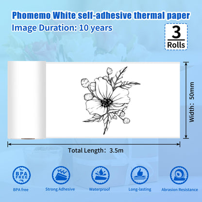Phomemo Printer White Adhesive Thermal Sticker Paper, 50mm x 3.5m Compatible With Phomemo Q02/T02/M832/M02/M02 Pro/M02S/M04S Thermal Printer, Black on White, Keep for 2 Years, 3 Rolls