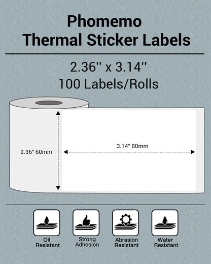 Phomemo Thermal Sticker Labels- 2.36''x 3.14''(60x80mm) Thermal Label for M221/M220/M200, for Barcode/Address/Mailing/Logo/Business/Home Tag