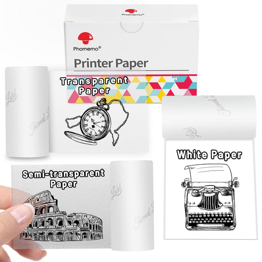 Papier thermique autocollant Phomemo pour mini imprimante thermique M02/M02S/M02Pro/M03/M03AS/M04S/M04AS, 53 mm x 3,5 m, papier imprimante blanc/transparent/semi-transparent, 3 rouleaux