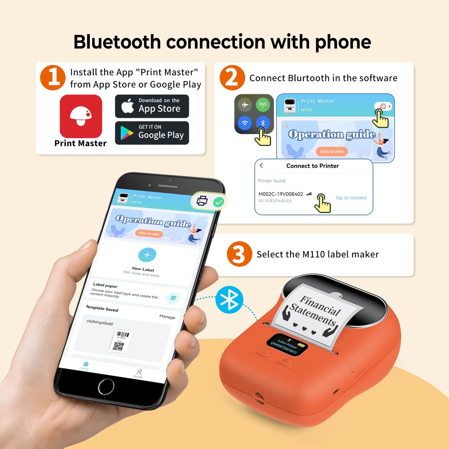 Phomemo - M110 Label Printer - Wireless Bluetooth Thermal Label Machine for Clothing, Jewelry, Retail, Home, Portable Barcode Labeling Machine Compatible with Android and iOS Phone, Orange