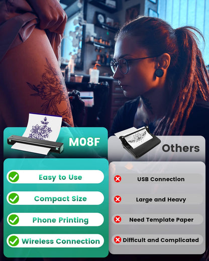 Bluetooth Tattoo Stencil Printer, Phomemo M08F Wireless Tattoo Stencil Printer for Tattooing, Thermal Printer Tattoo Kit with 10PCS Transfer Paper, Compatible with Smartphone Tablet PC