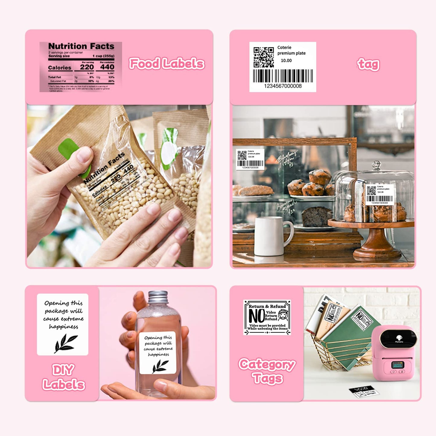 Phomemo -M110 Label Printer Portable Mini Bluetooth Thermal Label Manufacturer for Labelling, Office, Cable, Retail, Barcode and More, Compatible with Android and iOS Systems, Pink