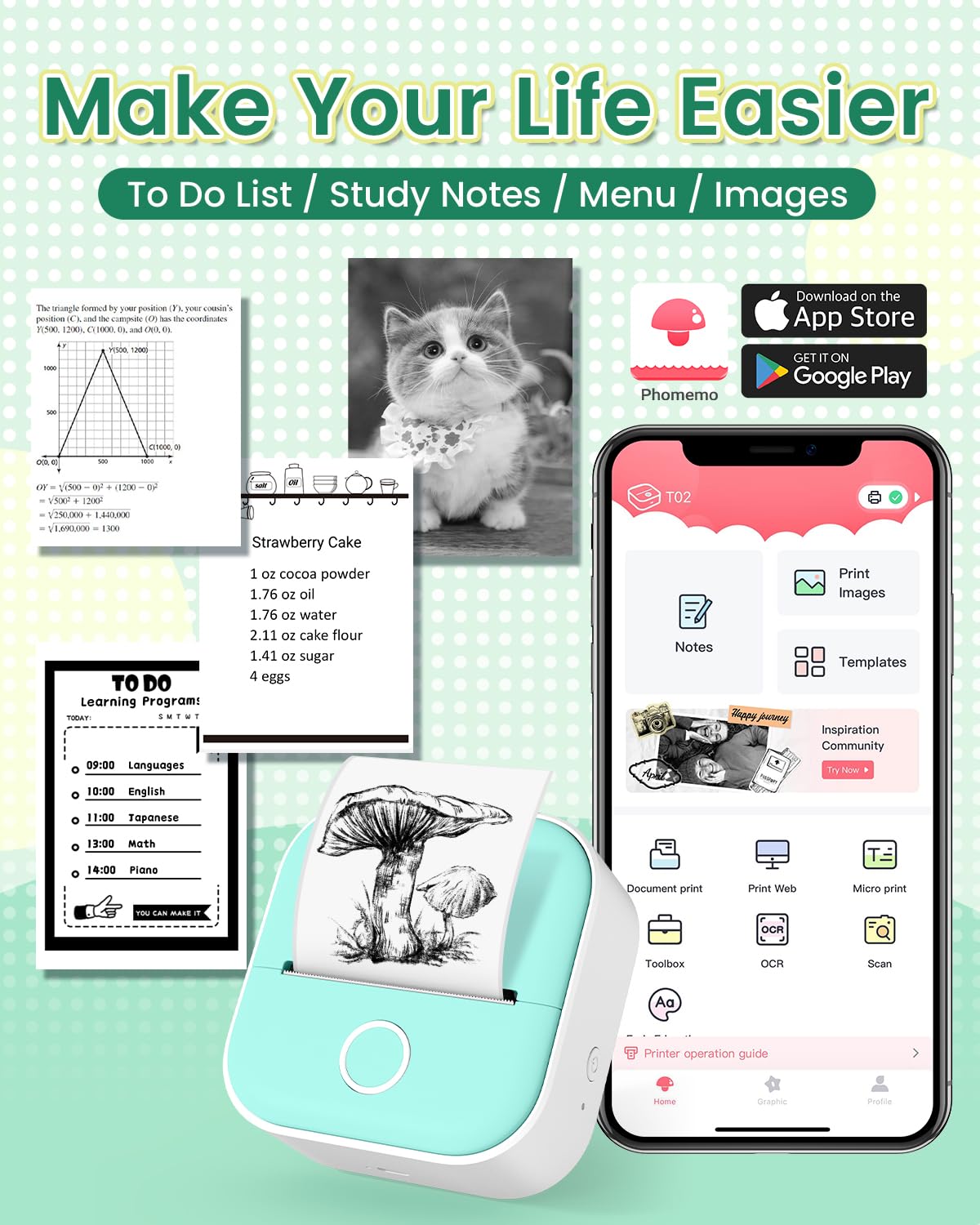 Phomemo Sticker Printer, T02 Print Pod Mini Thermal Printer with 3 Rolls Paper, Inkless Sticker Maker Machine Pocket Photo Printer, Bluetooth Portable Phone Printer for Study Notes, Journal, Pictures