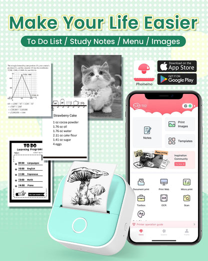 Phomemo Sticker Printer, T02 Print Pod Mini Thermal Printer with 3 Rolls Paper, Inkless Sticker Maker Machine Pocket Photo Printer, Bluetooth Portable Phone Printer for Study Notes, Journal, Pictures