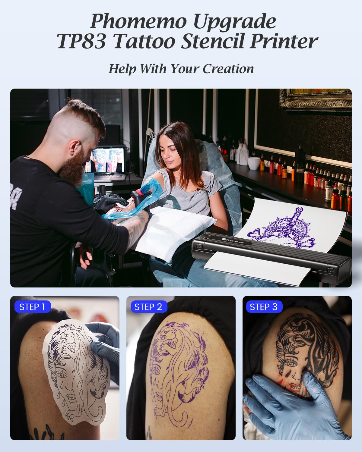 Phomemo TP83 Wireless Tattoo Stencil Printer, Upgraded Thermal Tattoo Printer Machine with 10pcs Transfer Paper, Bluetooth Tattoo Printer for Tattoo Artists & Beginners, Compatible with iPad Phone PC