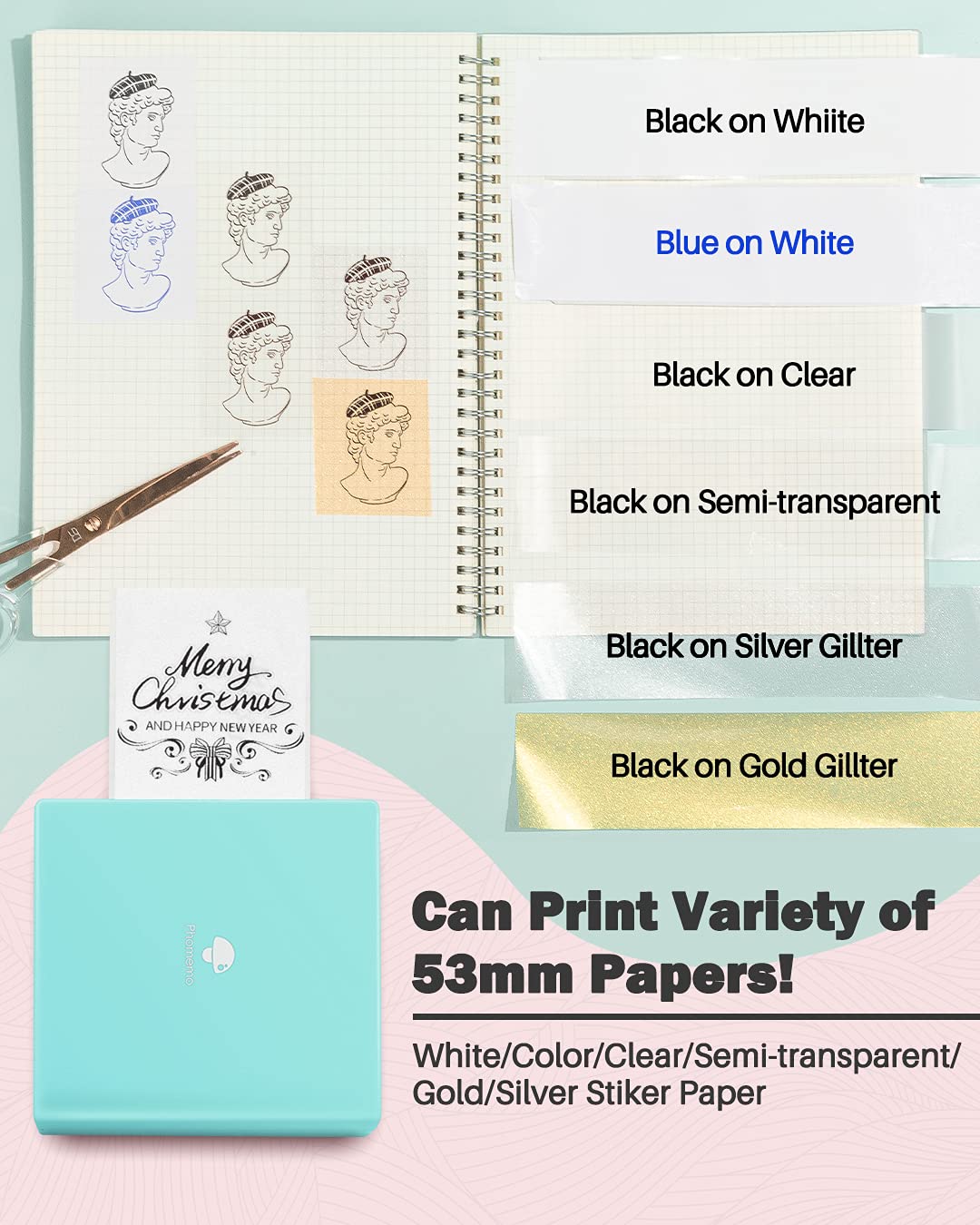 Phomemo Sticker Printer -M02 Mini Thermal Printer Bluetooth Sticker Maker with 3 Rolls Paper, for DIY Creation, Study Notes, Memo, Receipts, List, Work Plan, Gift, Cyan