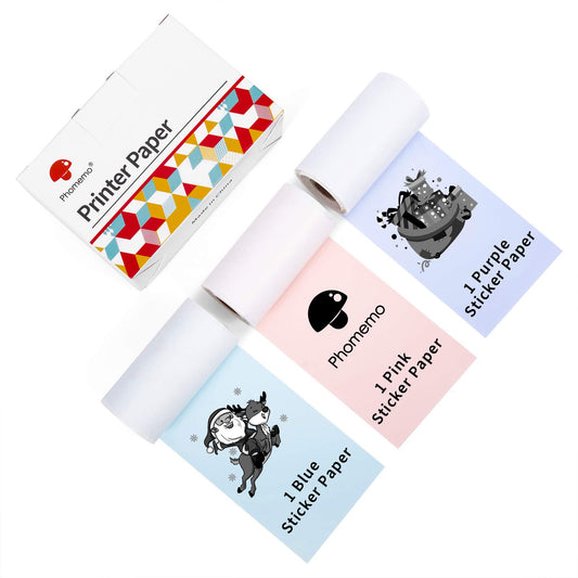 Phomemo Colorful Thermal Sticker Paper M02/M02 Pro/M02S/M03 Pocket Printer, Black Character on Purpple/Pink/Blue, 50mm x 3.5m, Diameter 30mm, 3 Rolls