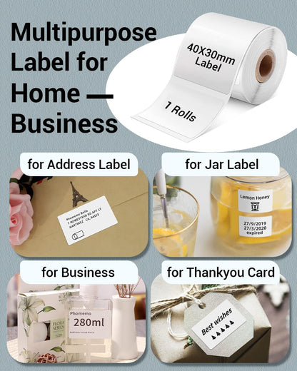 Multi-Purpose Square Self-Adhesive Label for Phomemo M110/M221/M220/M120/M200/M110S,1.57''x1.18''(40x30mm),230 Labels/Roll, Black on White