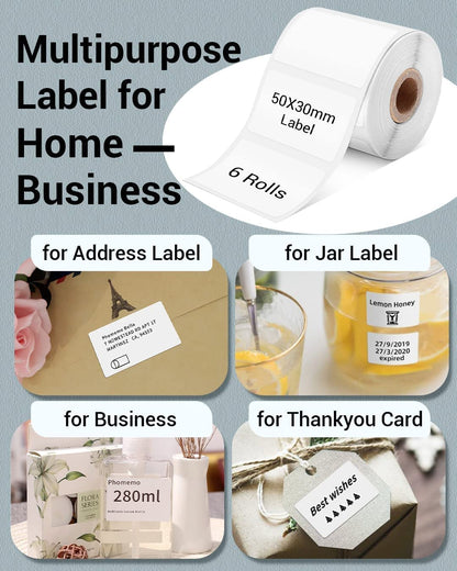 Phomemo 1.97''x1.18''(50x30mm) Label, 6 Rolls M110/M120/M200/M220 Thermal Paper - Multi-Purpose Square Self-Adhesive Phomemo m110 Labels, 230 Labels/Roll, Black on White