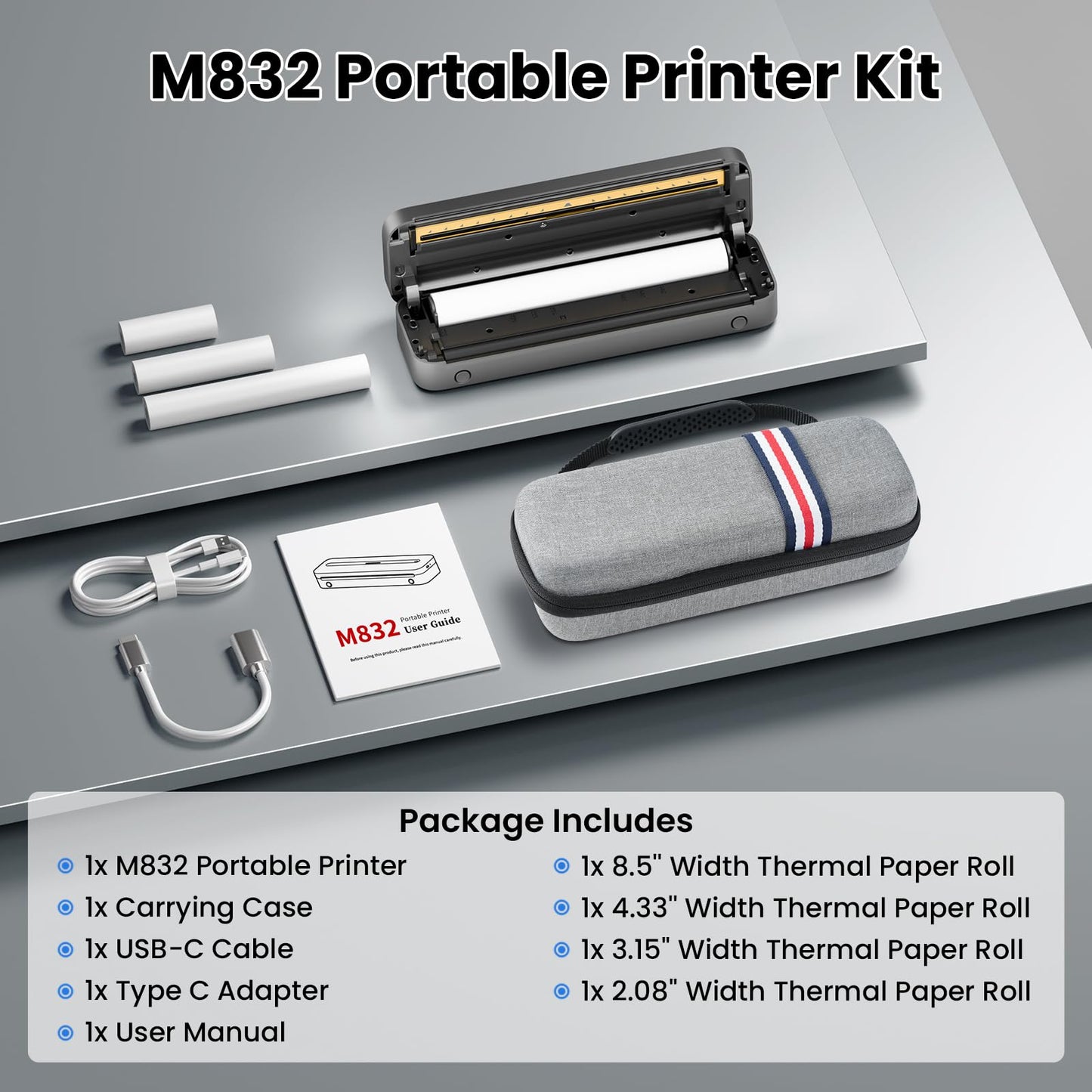 Phomemo Portable Printer, M832 Inkless Thermal Printer, Bluetooth Portable Printers Wireless for Travel, Support 8.5''x11''/A4/4.33''/3.15''/2.08'' Thermal Paper, Mobile Printer for Phone Laptop, with Case