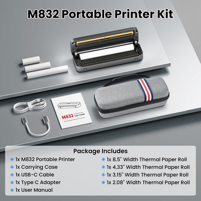 Phomemo Portable Printer, M832 Inkless Thermal Printer, Bluetooth Portable Printers Wireless for Travel, Support 8.5''x11''/A4/4.33''/3.15''/2.08'' Thermal Paper, Mobile Printer for Phone Laptop, with Case