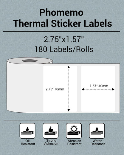 Phomemo Thermal Sticker Labels- 2.75''x1.57''(70x40mm) Thermal Label for M221/M220/M200, for Barcode/Address/Mailing/Logo/Business/Home Tag, Black on White