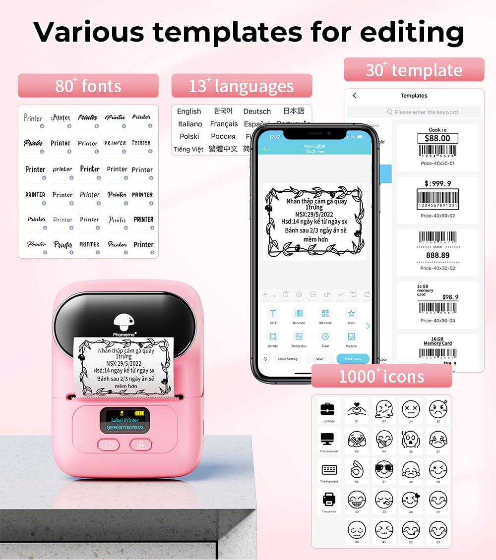 Label Maker Machine Phomemo M110, Label Printer for Small Business, Label Maker Machine with Tape for Barcode, Mailing, Clothing, Thermal Label Printer for Android & iOS, with 1 Roll Thermal Label