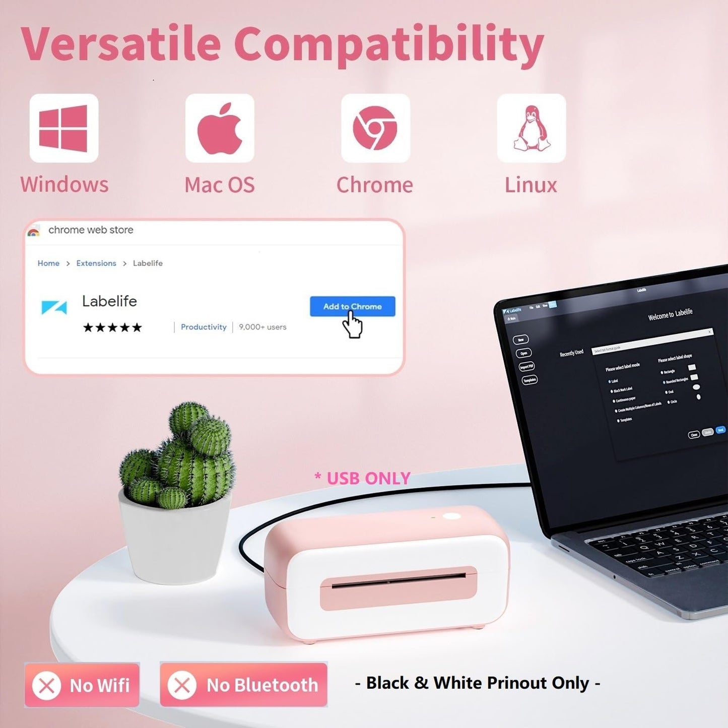 Phomemo Thermal Shipping Label Printer, 4x6 Desktop Thermal Label Printer for Shipping Packages/Small Business/Office/Home, Widely Used for Amazon, Ebay, Shopify, Etsy, UPS, FedEx - Pink (USB Only)