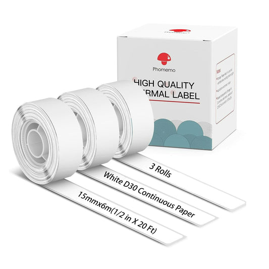 Phomemo 3 Roll D30 Adhesive Continuous Thermal Label Paper, Black on White - for Phomemo D30/D35 Label Makers