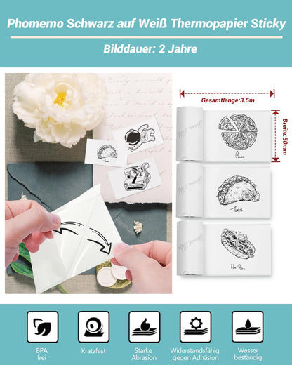 Papier für Sticker Drucker, Drucker Papier für Taschendrucker, Thermopapier für T02/Q02/M02X/M02L, 2 Jahre Klebrig Phomemo Papier, Schwarz auf Weiß Liene Fotodrucker Papier, 3 Rollen 50mm*3.5m