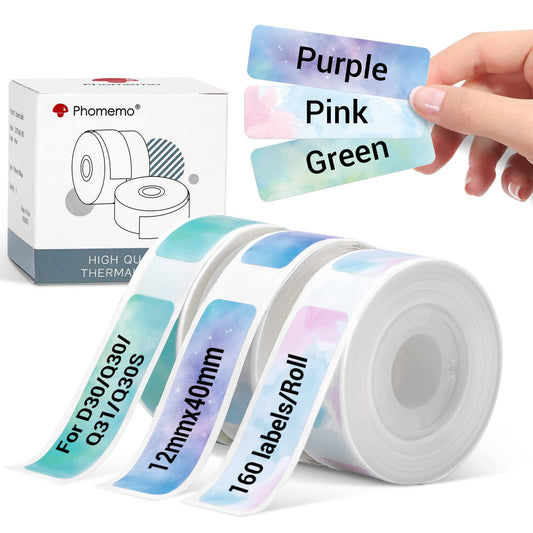 Phomemo D30 Etiketten, Sternenhimmel Etiketten Kompatibel mit Colorwing Q30 Etikettiergerät, Phomemo Etikettendrucker D30 Q31 Q30S, 12mm x 40mm, 160 Etiketten/pro Rolle, 3 Rollen