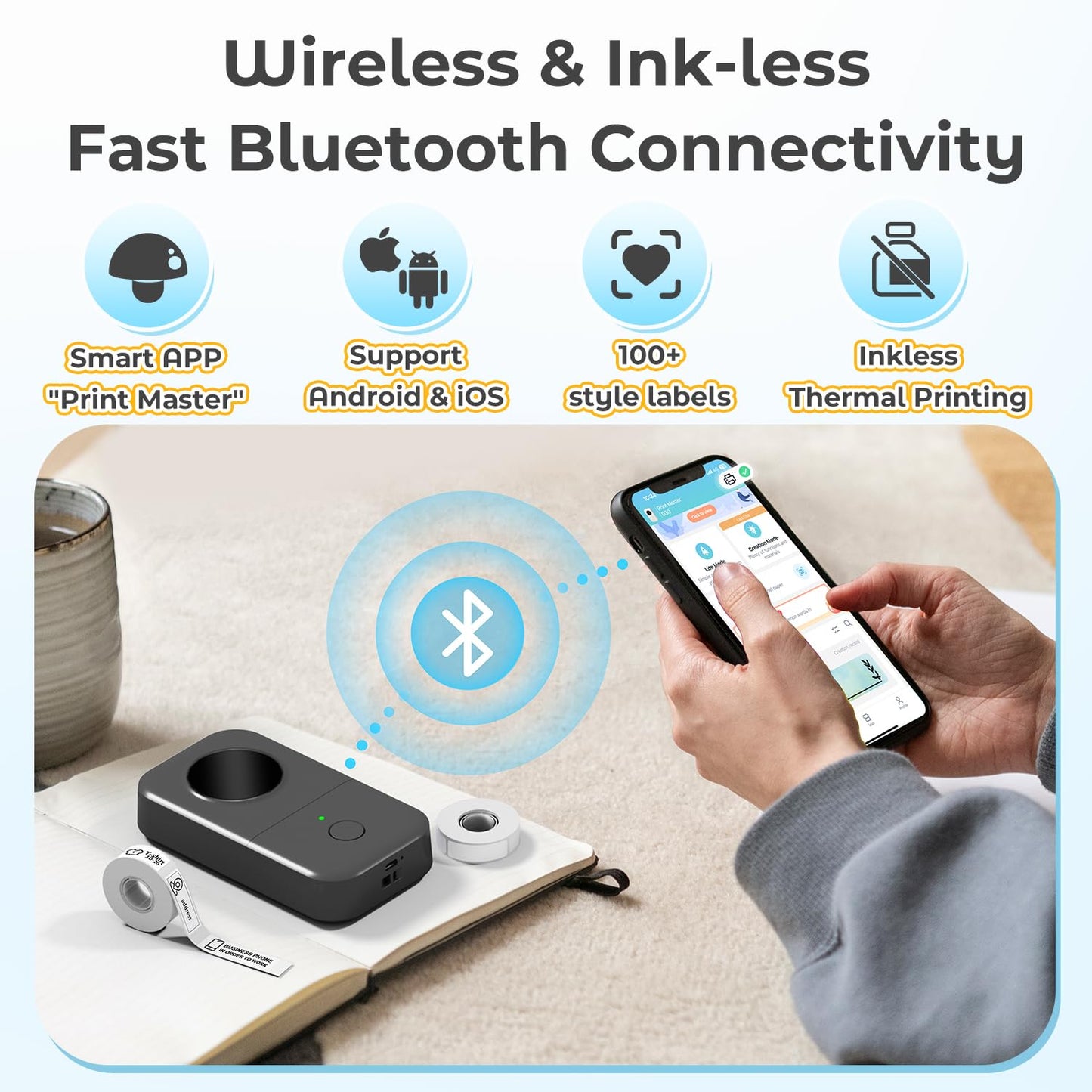 Phomemo D30 Label Maker Machine with 1 Tape, Mini Bluetooth Label Printer, Wireless Handheld Sticker Maker,Smart Phone Thermal Inkless Label Maker For Organizing Home Office Kitchen - Grey
