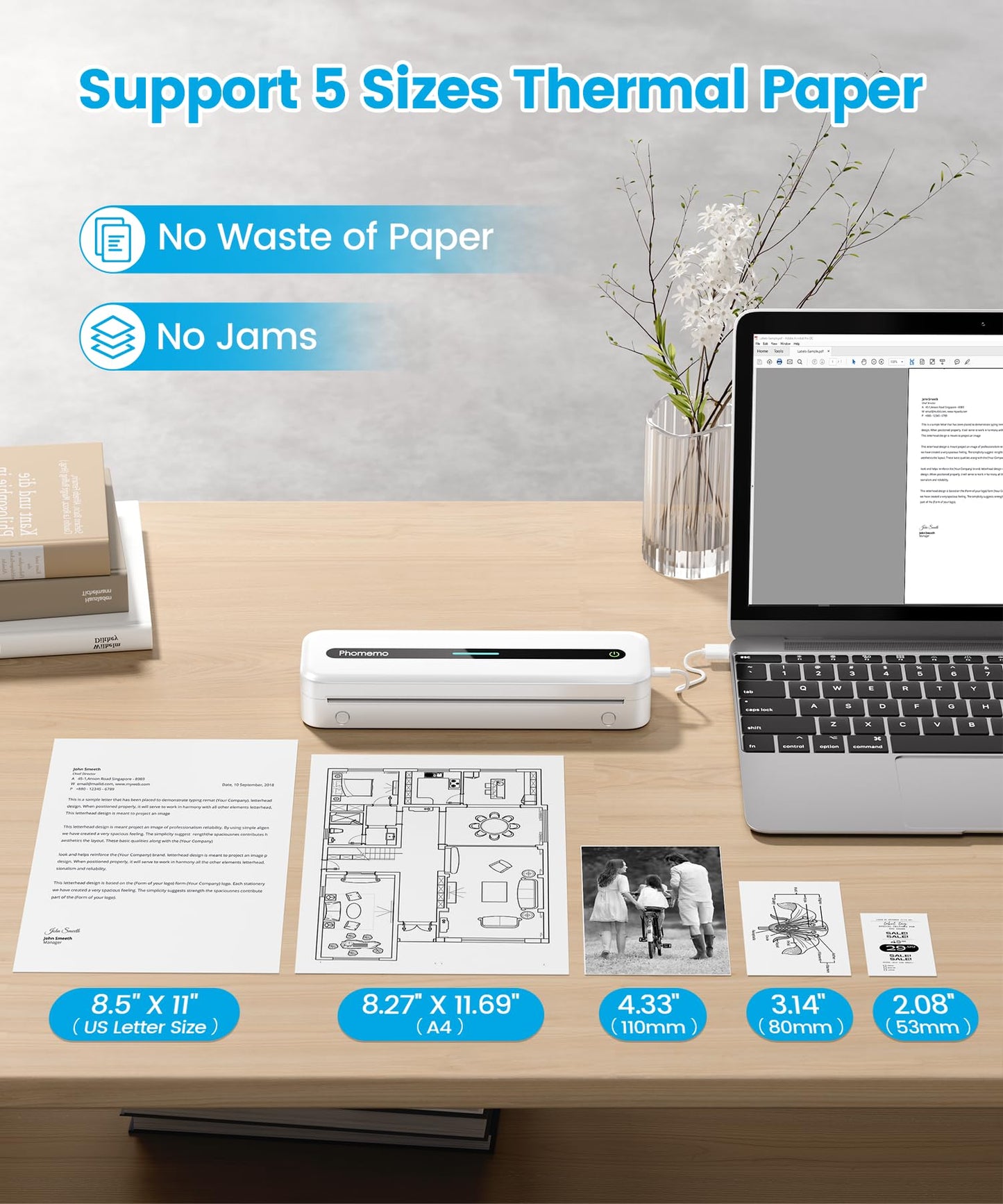 Phomemo Portable Printer,Portable Printers Wireless for Travel,M832 Thermal Inkless Printer Support 8.5'' x 11'' US Letter Thermal Paper,Mobile Printer Compatible with Phone,Laptop for Office,Home,Car
