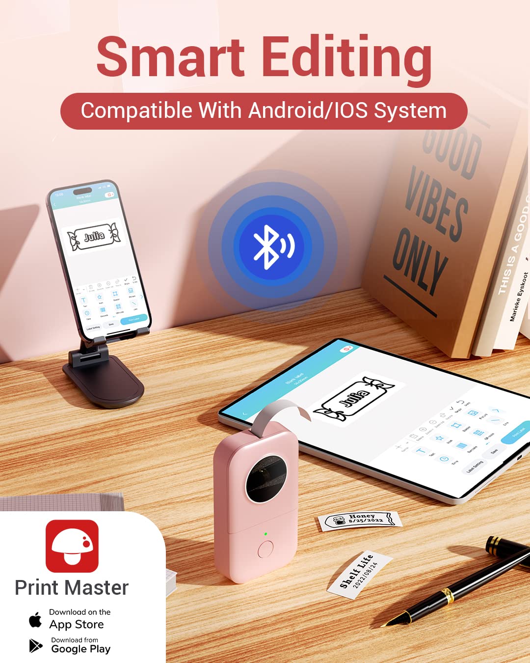 Label Printer-Phomemo D30 Mini Portable Thermal Labeler, Mini Label Makers,Bluetooth Connection,Home Office Organization,Gift for Women,Cute School Supplies,USB Rechargeable-Pink¡­