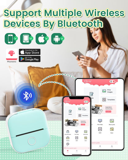 Phomemo Sticker Printer, T02 Print Pod Mini Thermal Printer with 3 Rolls Paper, Inkless Sticker Maker Machine Pocket Photo Printer, Bluetooth Portable Phone Printer for Study Notes, Journal, Pictures
