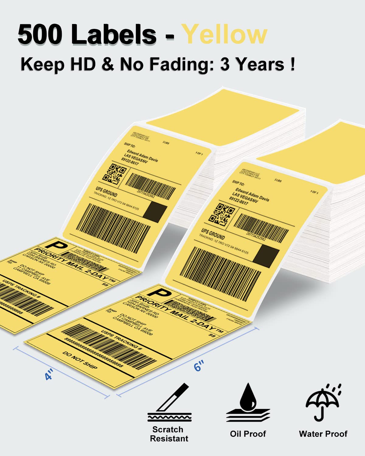 Phomemo 4x6 Thermal Label Printer Paper - 500PCS Yellow 4''x6'' Fan-Fold Label Shipping Supplies Labels - Water/Oilproof Label Stickers - Permanent Adhesive Thermal 4x6 Label for Small Business Supplies