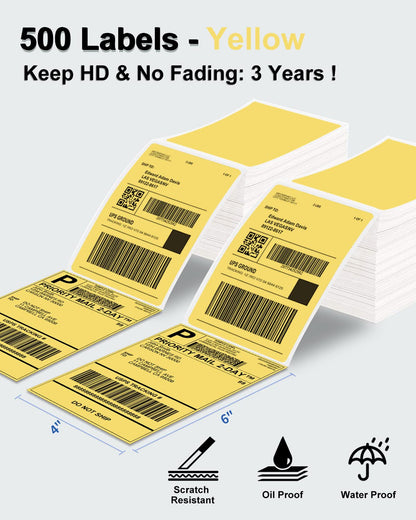 Phomemo 4x6 Thermal Label Printer Paper - 500PCS Yellow 4''x6'' Fan-Fold Label Shipping Supplies Labels - Water/Oilproof Label Stickers - Permanent Adhesive Thermal 4x6 Label for Small Business Supplies