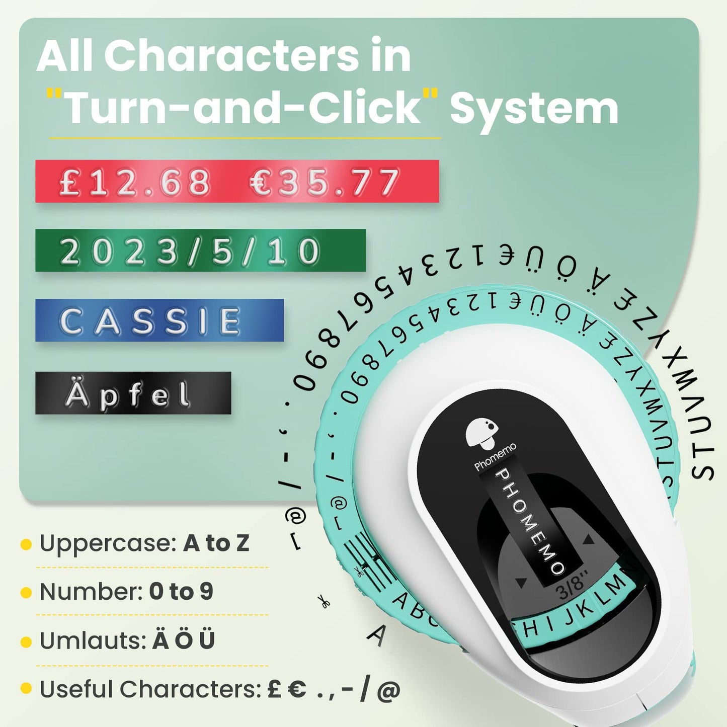 Phomemo Urządzenie do etykietowania | mini urządzenie do wytłaczania 3D | przenośne urządzenie do etykietowania | zielone urządzenie do wytłaczania etykiet z 6 taśmami do etykiet | do domu, biura, organizacji prezentów