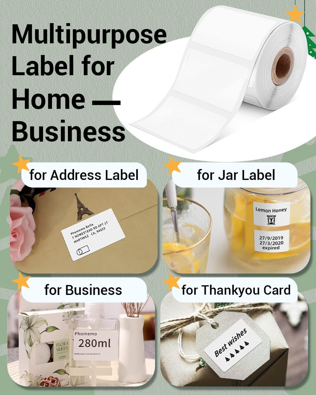 Phomemo 3 Rolls M110/M221/M220/M120/M200/M110S Thermal Paper 1.97''x1.18''(50x30mm)- Multi-Purpose Square Self-Adhesive Label for Price Tag, Barcode Label, Address Label, 230 Labels/Roll, Black on White
